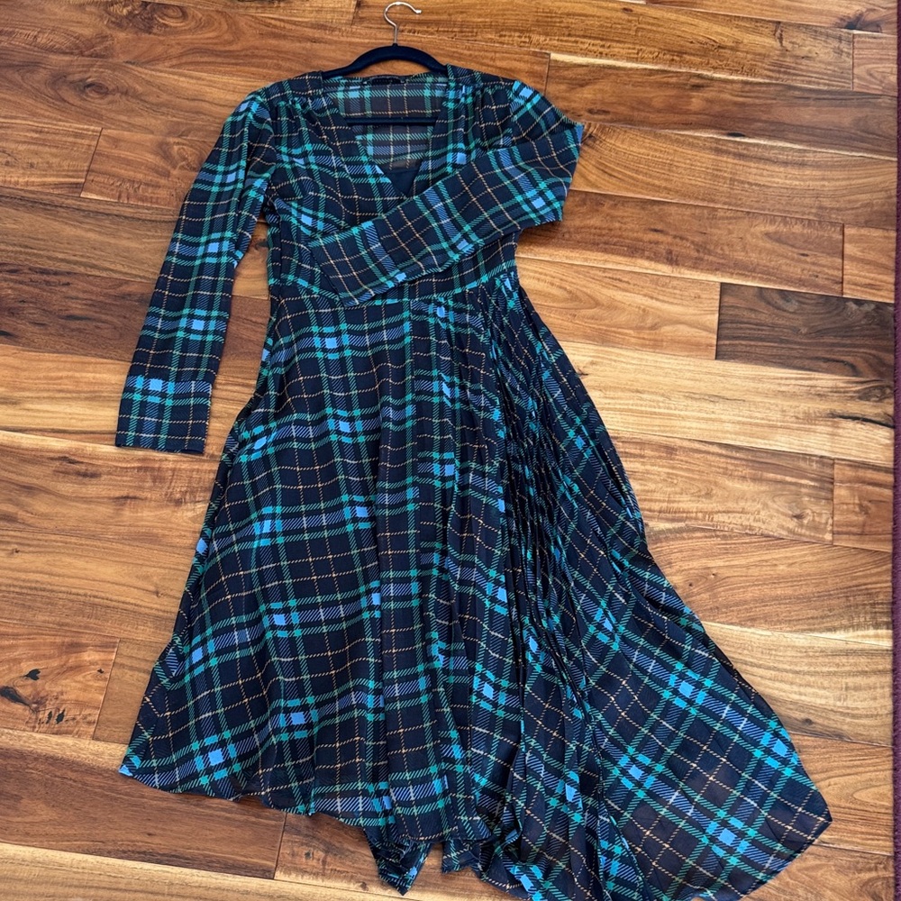 Elegant Plaid Long Sleeve Dress - Black and Blue